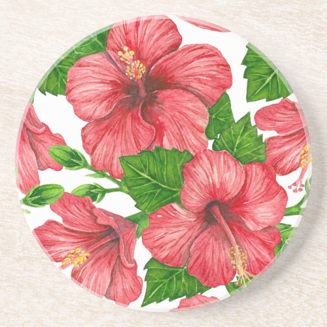 Red hibiscus watercolor pattern coaster (Front)