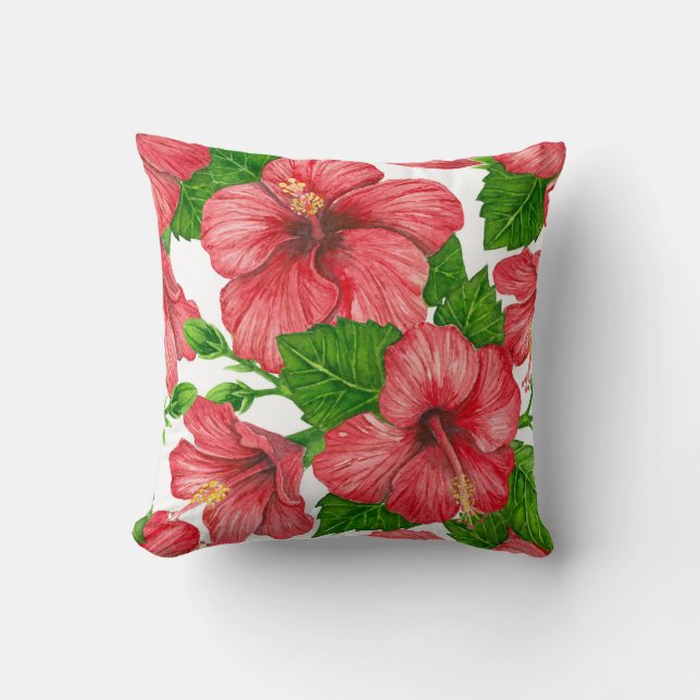 Red hibiscus watercolor pattern cushion (Front)
