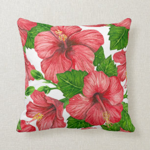 Red hibiscus watercolor pattern cushion