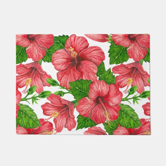 Red hibiscus watercolor pattern doormat (Front)