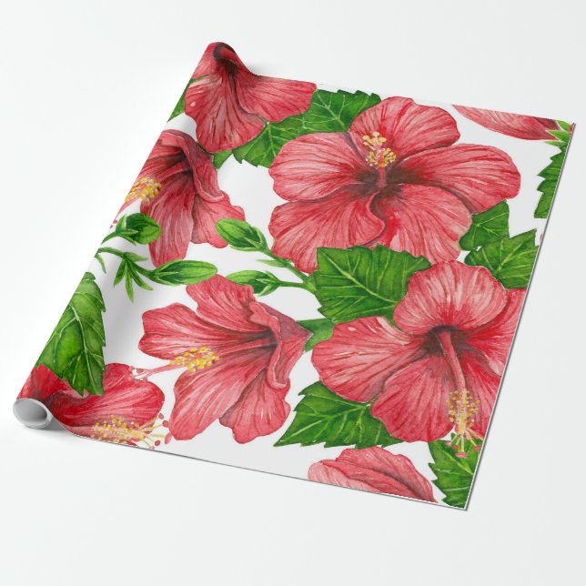 Red hibiscus watercolor pattern wrapping paper (Unrolled)