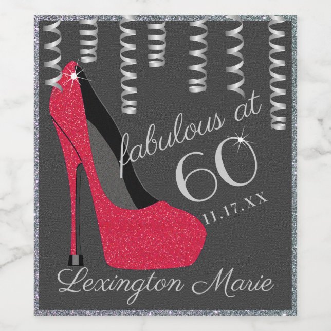 Red High Heel 60th Birthday Party Sparkling Wine o Label (Single Label)