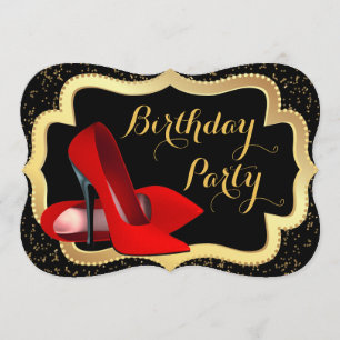 Red High Heel Black and Gold Birthday Party Invitation