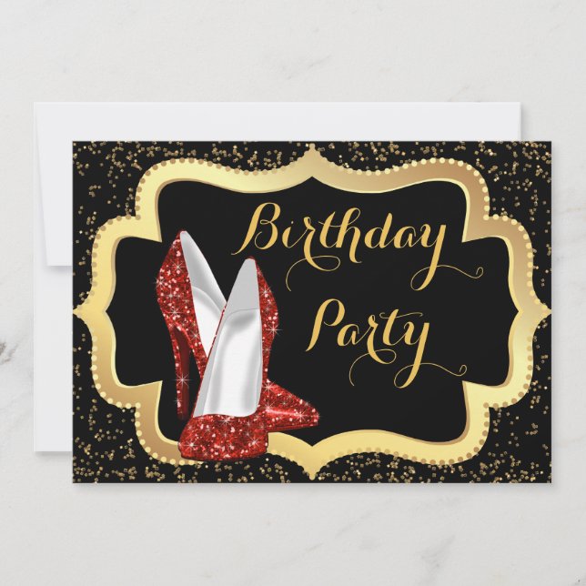 Red High Heel Black and Gold Birthday Party Invitation (Front)