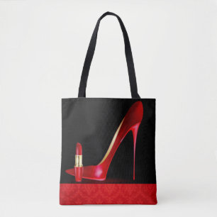 Red High Heel Lipstick Damask Pattern Print Design Tote Bag