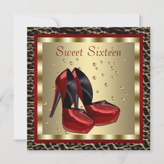 Red High Heel Shoes Leopard Sweet Sixteen Birthday Invitation (Front)