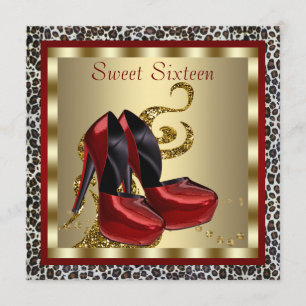 Red High Heel Shoes Leopard Sweet Sixteen Birthday Invitation