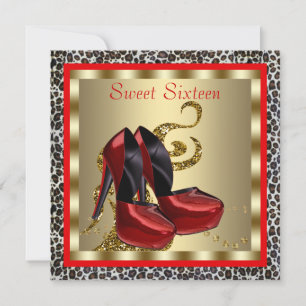 Red High Heel Shoes Leopard Sweet Sixteen Birthday Invitation
