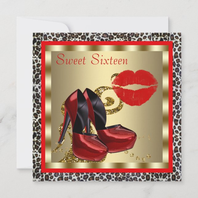 Red High Heel Shoes Leopard Sweet Sixteen Birthday Invitation (Front)