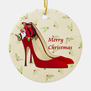 Red High Heel Shoes / Santa Elf Ceramic Tree Decoration