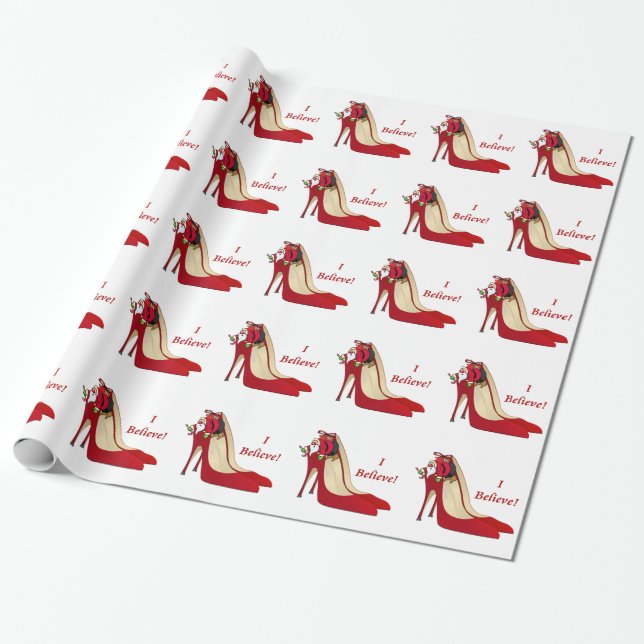 Red High Heel Shoes / Santa Elf / I Believe! Wrapping Paper (Unrolled)