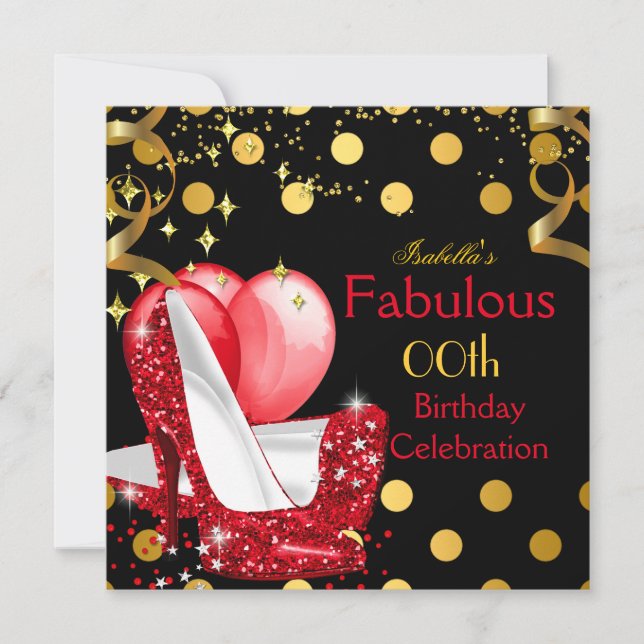 Red High Heels Shimmer Gold Birthday Party 2 Invitation (Front)