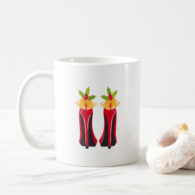 Red High Heels with Christmas Bells Coffee Mug (With Donut)