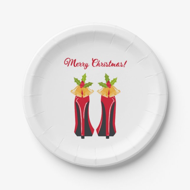 Red High Heels with Christmas Bells Paper Plate (Front)