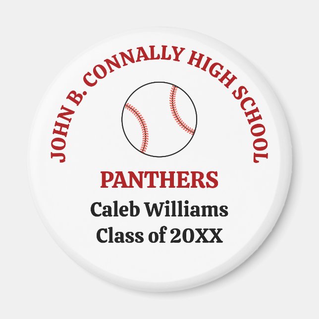 Red High School Baseball Player Personalised Magnet (Front)