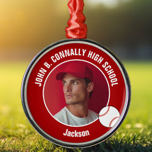 Red High School Baseball Player Photo Christmas Metal Ornament