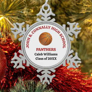 Red High School Basketball Player Personalised Snowflake Pewter Christmas Ornament