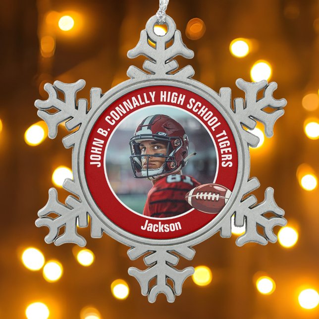 Red High School Football Player Photo Custom Snowflake Pewter Christmas Ornament (Creator Uploaded)