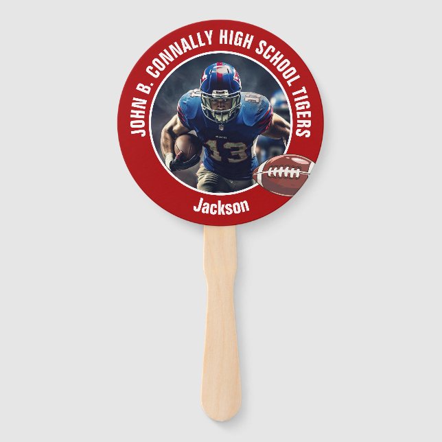 Red High School Football Player Photo Parent Hand Fan (Front)