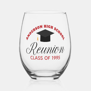 Red High School Reunion Party Custom Alumni Stemless Wine Glass
