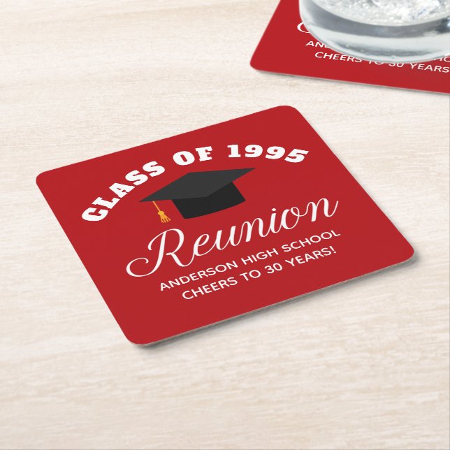 Red High School Reunion Personalised Party Square Paper Coaster (Angled)