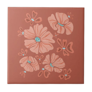 Red Hippie Abstract Flower Power Ceramic Tile