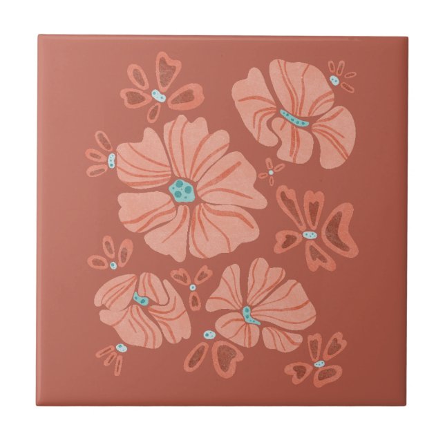 Red Hippie Abstract Flower Power Ceramic Tile (Front)