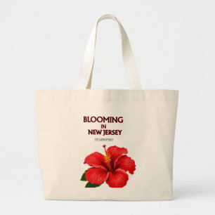 RED HISBICUS FLORAL NATURAL COTTON SPRING BEACH LARGE TOTE BAG