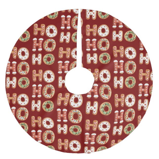 Red Ho Ho Ho Gingerbread Cookie Christmas Brushed Polyester Tree Skirt (Front)