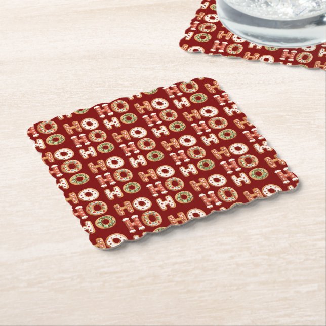 Red Ho Ho Ho Gingerbread Cookie Christmas Paper Coaster (Angled)
