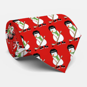 Red Hockey Snowman Player Christmas Tie