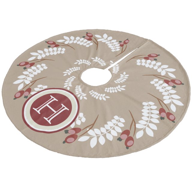 Red Holiday Berries and White Fern Monogram Fleece Tree Skirt (Angled)