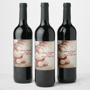  Red Holiday Berries White Pinecones Gold Branch  Wine Label