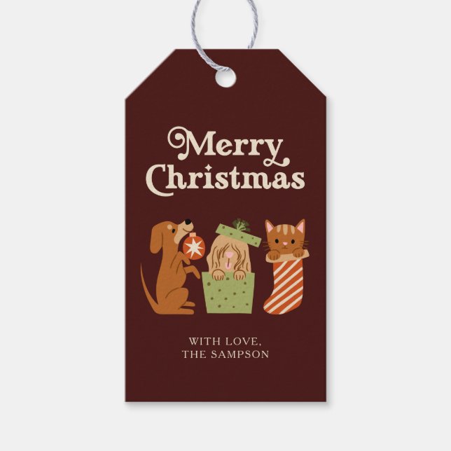 Red Holiday Cat Dog Merry Christmas Gift Tags (Front)