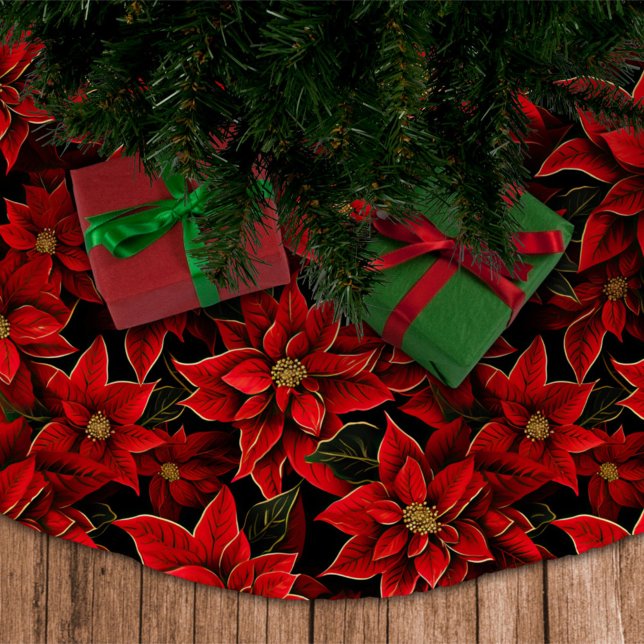 Red Holiday Christmas Poinsettia Pattern Brushed Polyester Tree Skirt (Creator Uploaded)