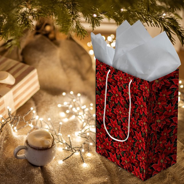 Red Holiday Christmas Poinsettia Pattern Medium Gift Bag (Creator Uploaded)