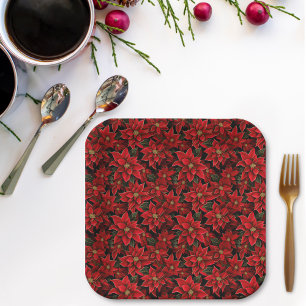 Red Holiday Christmas Poinsettia Pattern Paper Plate