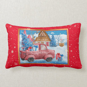 Red Holiday Christmas Truck Customise Lumbar Cushion