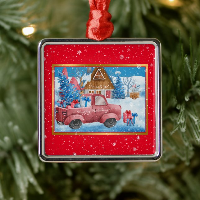 Red Holiday Christmas Truck Customise Metal Ornament (Tree)