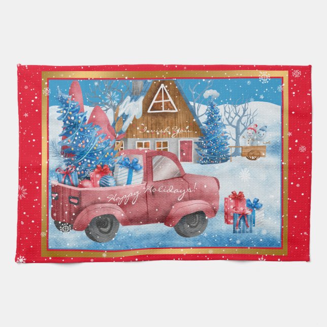 Red Holiday Christmas Truck Customise Tea Towel (Horizontal)