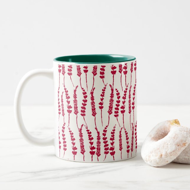 Red Holiday Fern Print  Two-Tone Coffee Mug (With Donut)