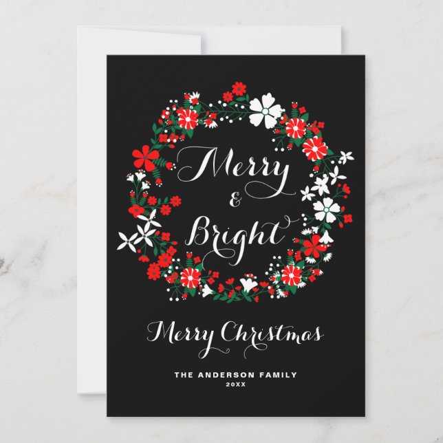 Red Holiday Floral Wreath Merry & Bright Christmas Card (Front)
