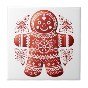 Red Holiday Gingerbread Man Scandinavian Folk Art Ceramic Tile
