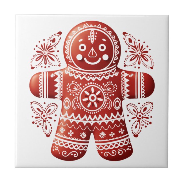 Red Holiday Gingerbread Man Scandinavian Folk Art Ceramic Tile (Front)