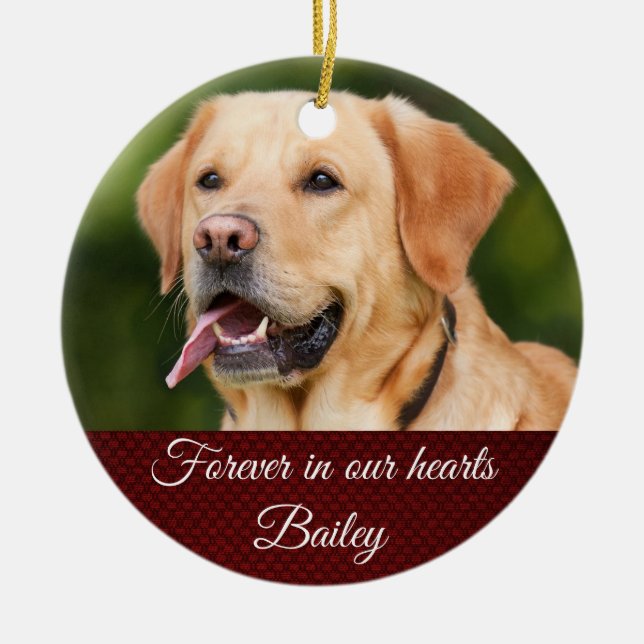Red Holiday Memorial Pet Dog Customisable Ceramic Ornament (Front)