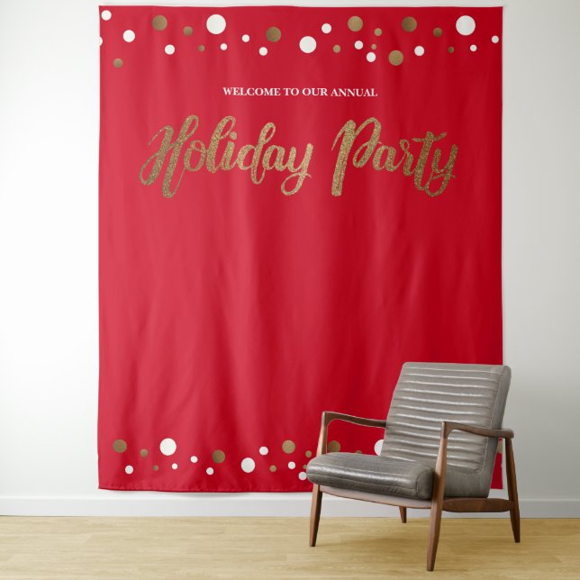 Red Holiday Party Corporate Gold backdrop Tapestry (In Situ)