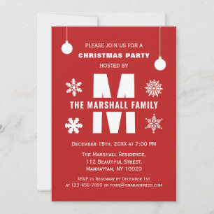 Red Holiday Party Monogram Merry Christmas Balls Invitation