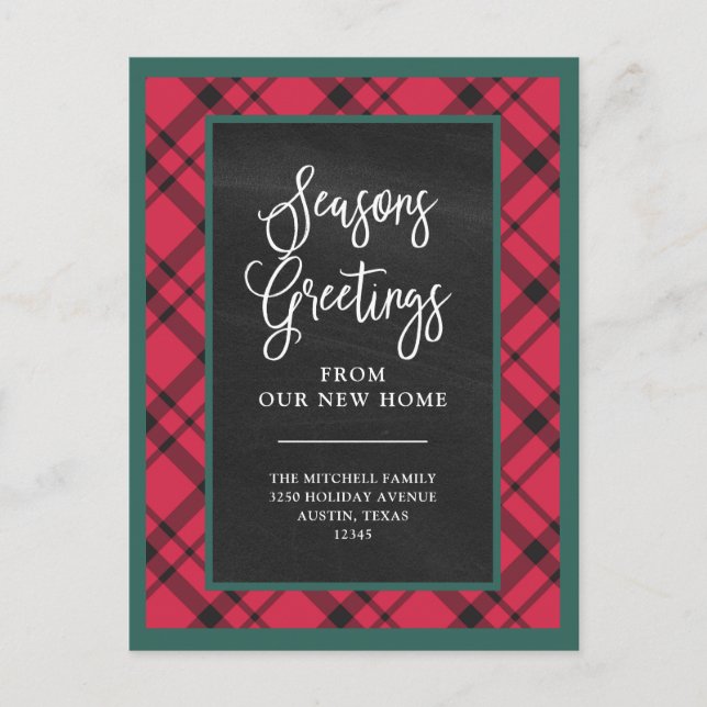 Red Holiday Plaid | New Home Moving Announcement Postcard (Front)