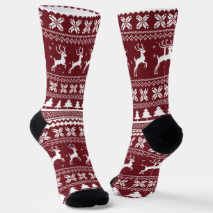 Red Holiday Reindeer Christmas Sweater Pattern Socks