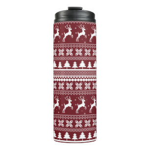 Red Holiday Reindeer Christmas Sweater Pattern Thermal Tumbler